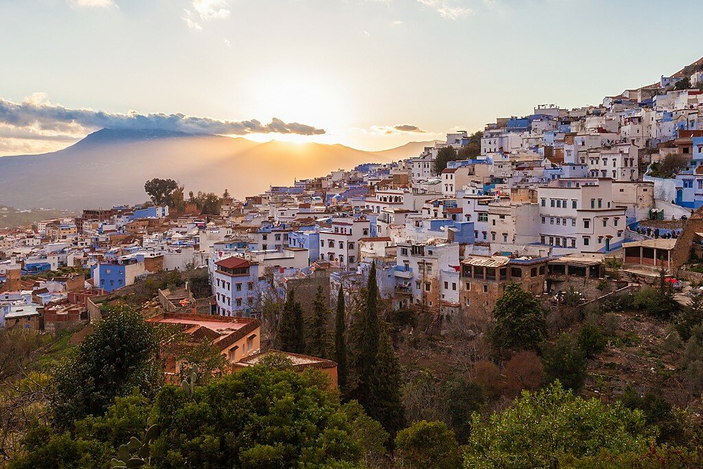 Morocco, Chefchaouen - Sunset view of Chefchaouen from the Spanish Mosque